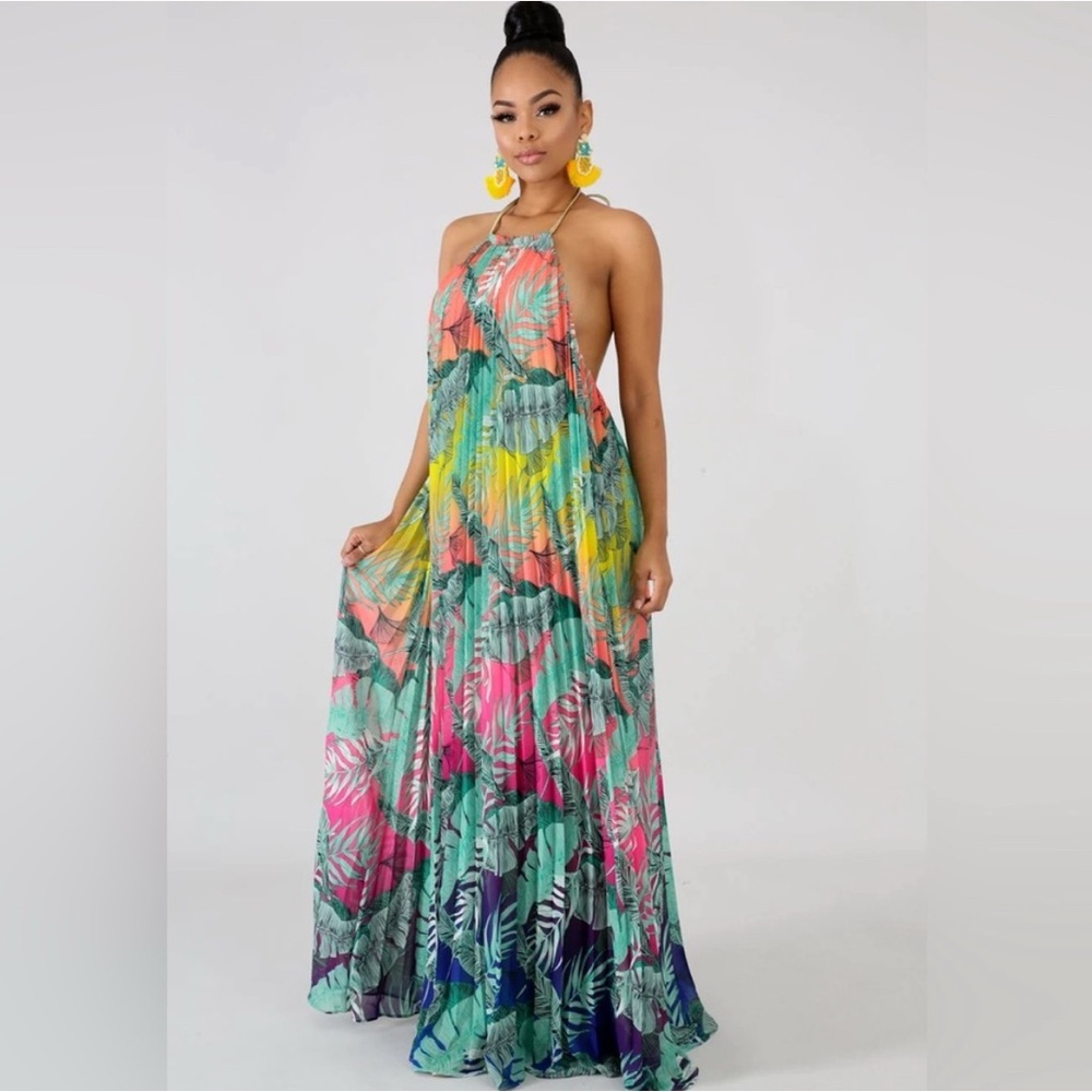 AKIRA Green and Pink Pleated Halter Maxi Dress